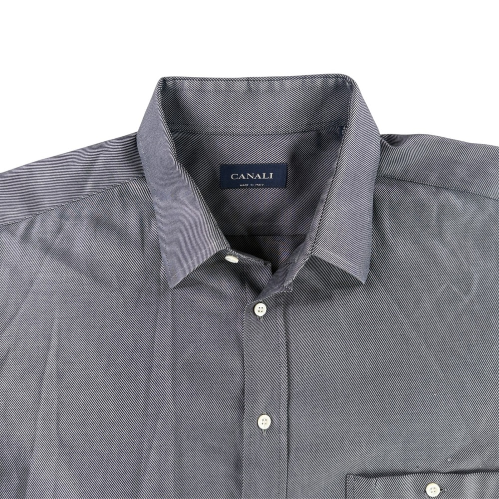 Canali Dress Shirt Mens XL Grey Diagonal Twill Long Sleeve Made In Italy